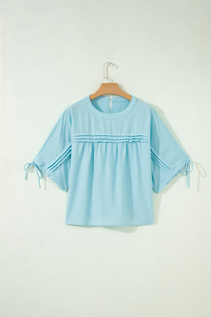 Solid Pleated Tie Sleeve Babydoll Blouse