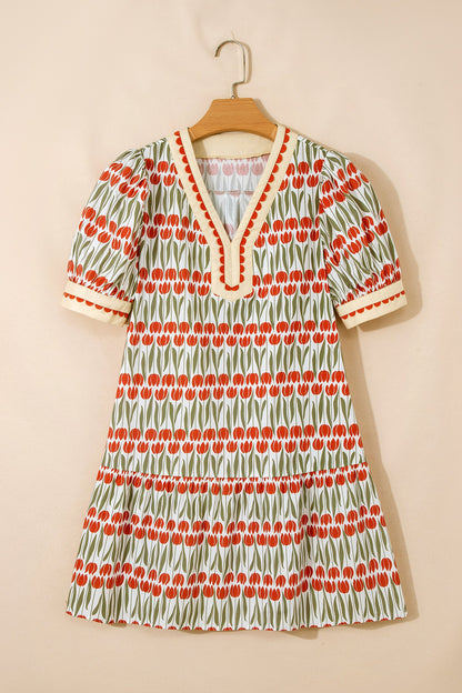 Floral Tulip Stripe Short Puff Sleeve Mini Dress