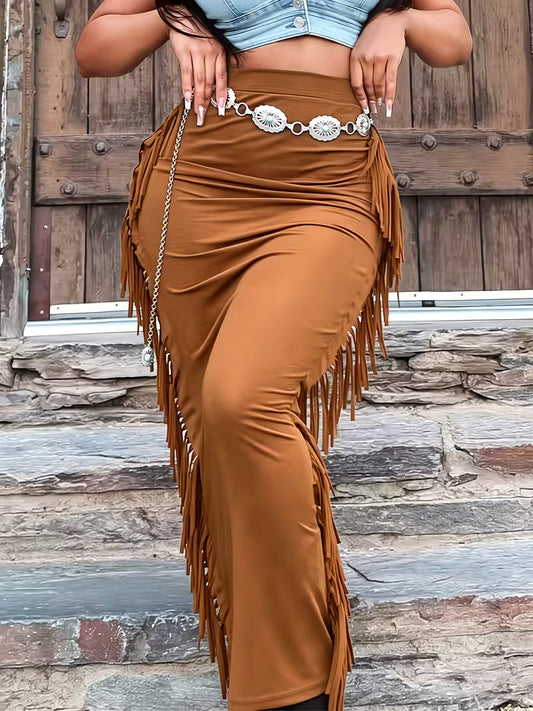 Women's High Waist Fringe Midi Skirt | Elegant Tassel Western Boho Fashion Skirt