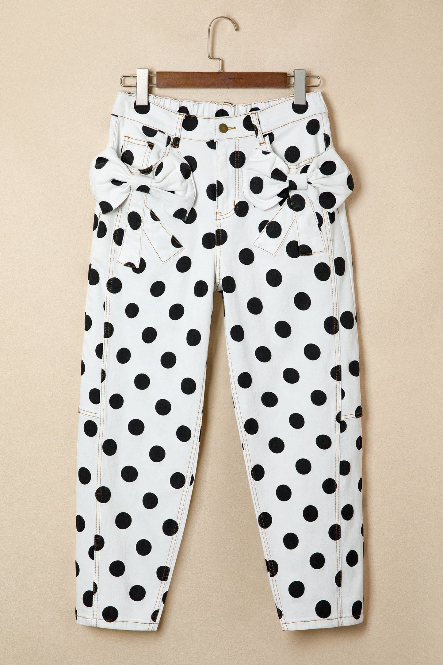 Polka Dot Denim Bow Pocket Barrel Leg Jeans