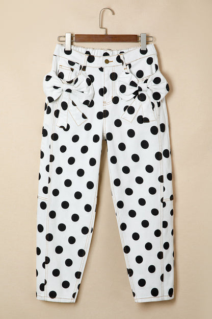 Polka Dot Denim Bow Pocket Barrel Leg Jeans