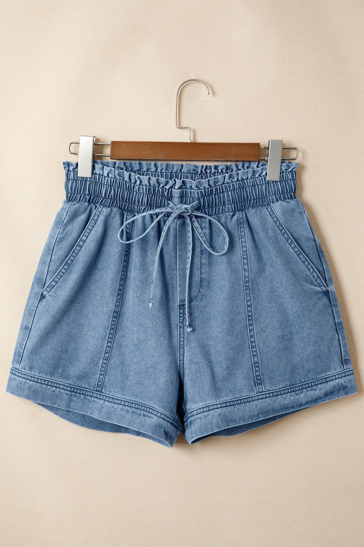 Solid Denim Smocked Elastic Waist Shorts