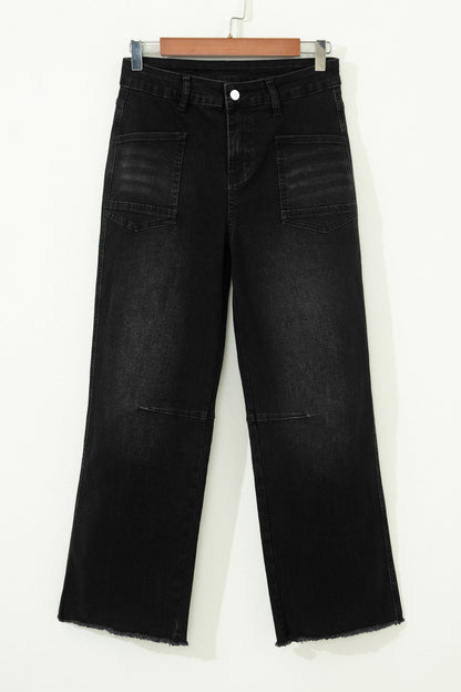 Denim Frayed Hem Cropped Straight Leg Jeans