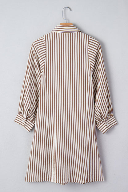 Stripe Tie Waist Puff Sleeve Mini Shirt Dress