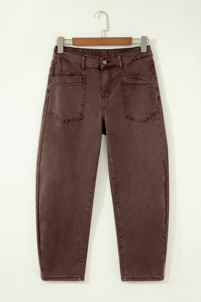 Solid Denim Patch Pocket Barrel Leg Jeans