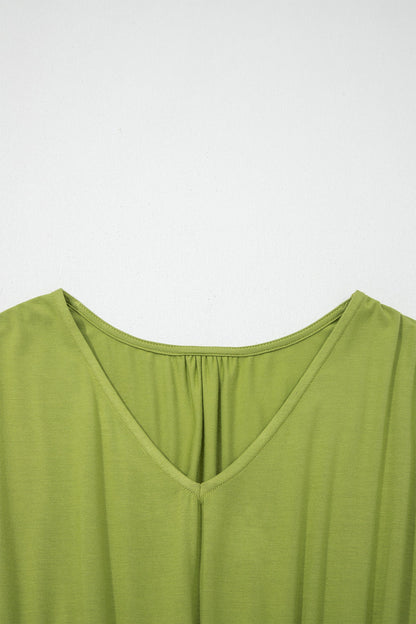 Solid V-Neck Cap Sleeve Elastic Waist Dress