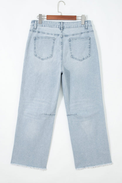 Denim Frayed Hem Cropped Straight Leg Jeans