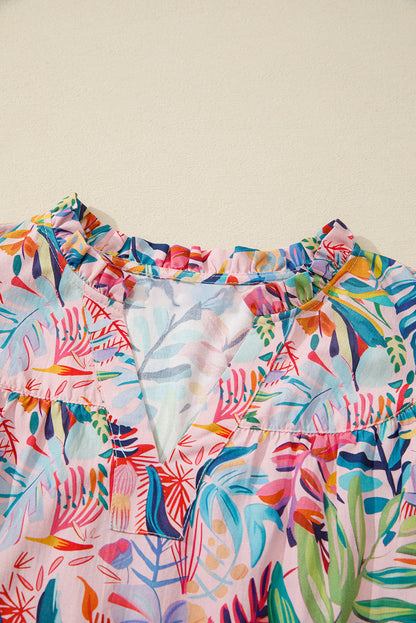 Floral Frilled Notch Neck Ruffle Sleeve Blouse