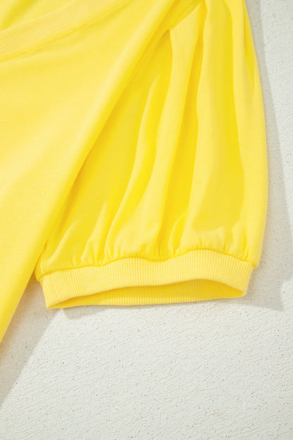 Solid V-Neck Short Puff Sleeve Blouse
