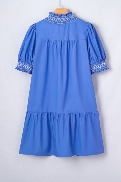 Embroidered Smocked V-Neck Puff Sleeve Mini Dress