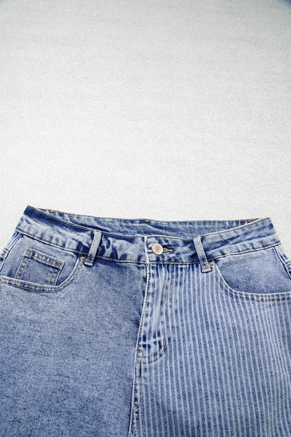 Stripe Denim Paisley Patchwork Raw Hem Shorts