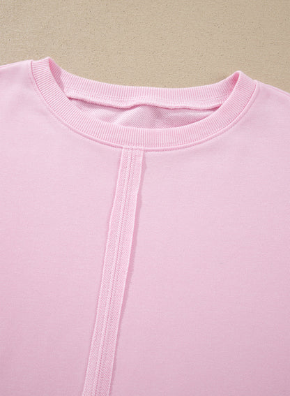 Solid Lace Trim Raw Seam Loose Sweatshirt