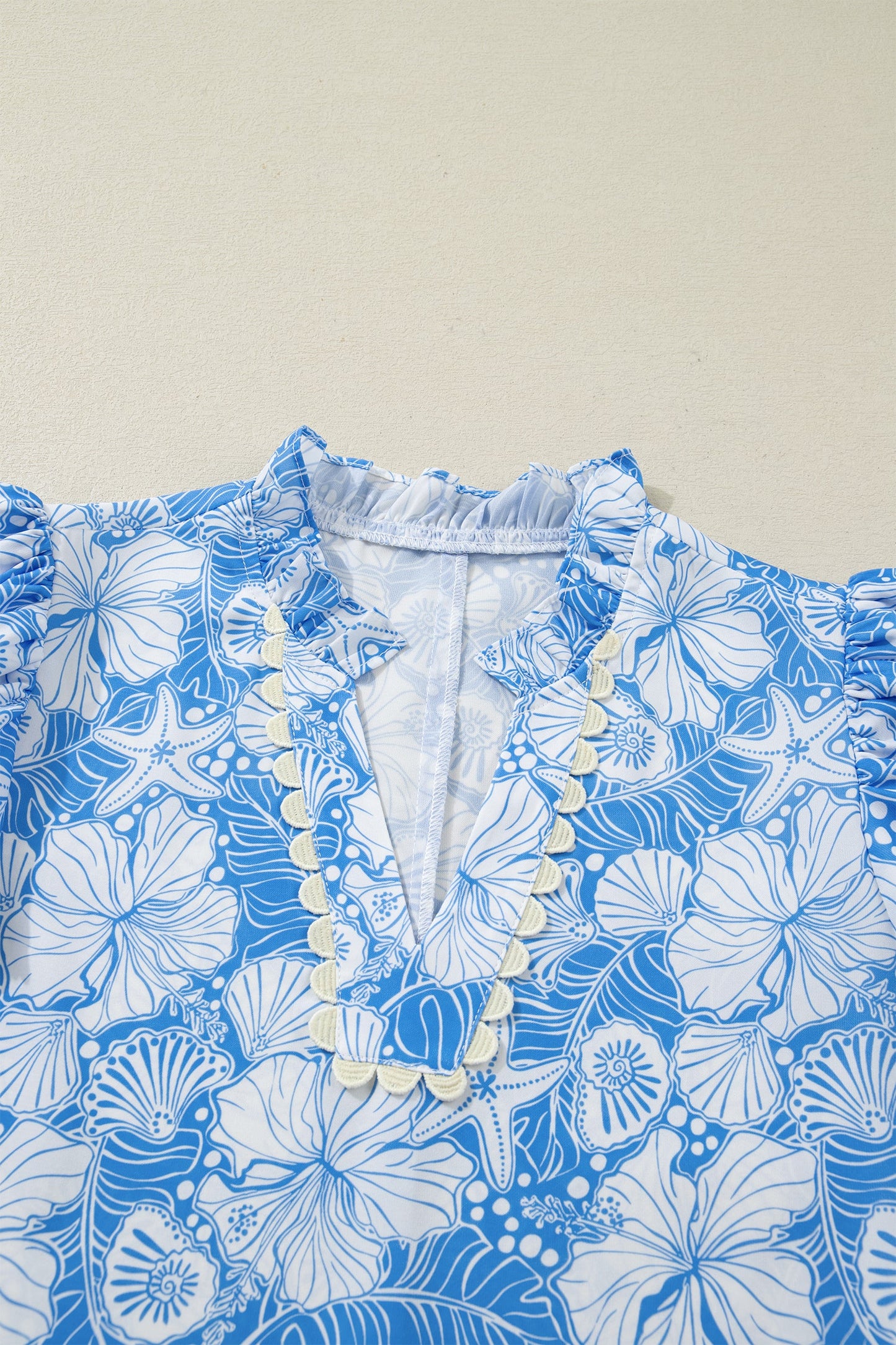 Oceanic Floral Scalloped Trim V-Neck Short Sleeve Blouse