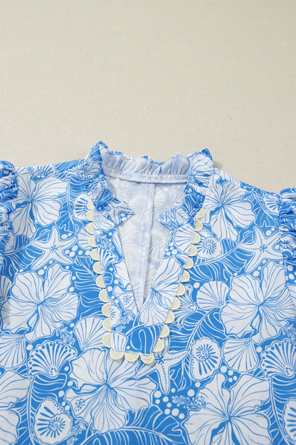 Oceanic Floral Scalloped Trim V-Neck Short Sleeve Blouse
