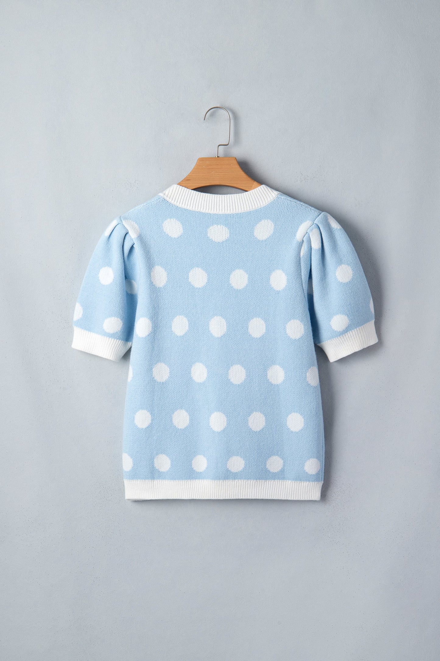Polka Dot Puff Short Sleeve V-Neck Sweater