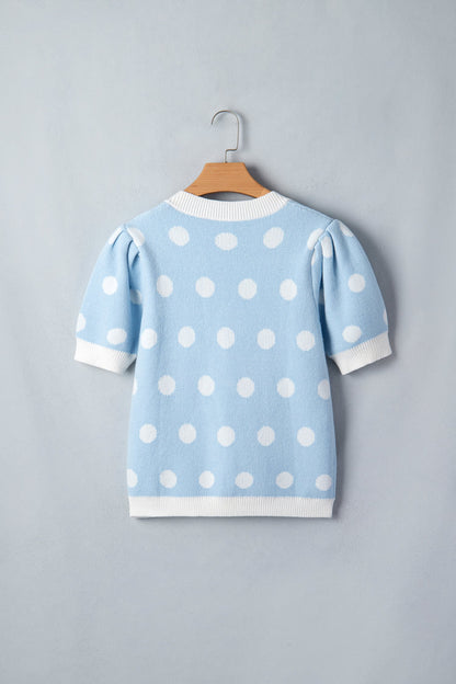 Polka Dot Puff Short Sleeve V-Neck Sweater