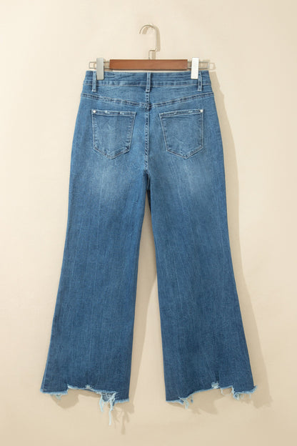 Denim High Waist Frayed Hem Flare Jeans