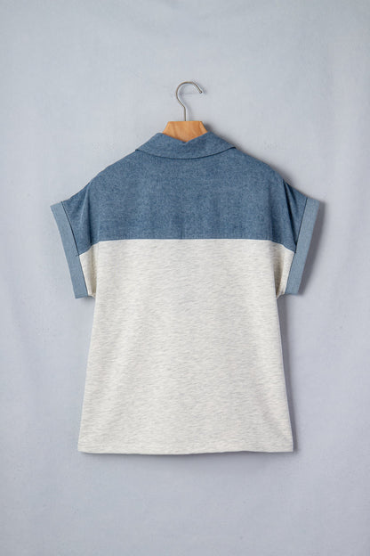 Colorblock Denim Patchwork Buttoned Polo Top