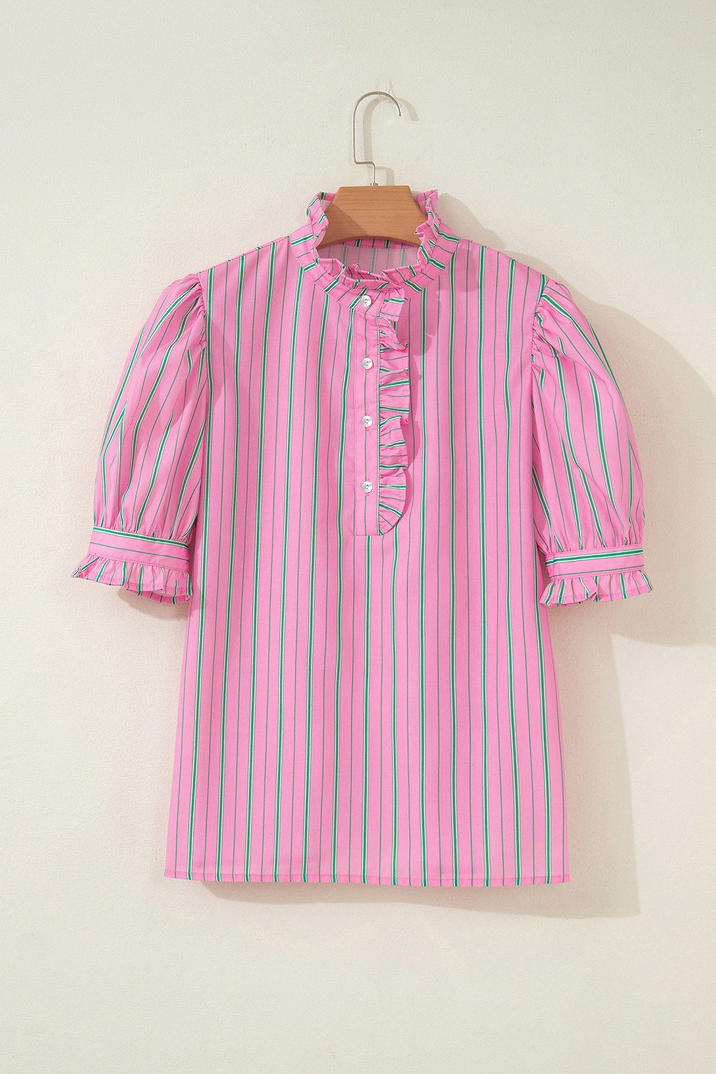 Stripe Ruffle Trim Half Button Puff Sleeve Blouse