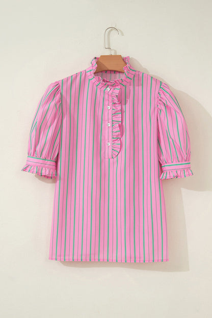 Stripe Ruffle Trim Half Button Puff Sleeve Blouse
