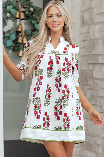 Floral Notched V-Neck 3/4 Sleeve Dress