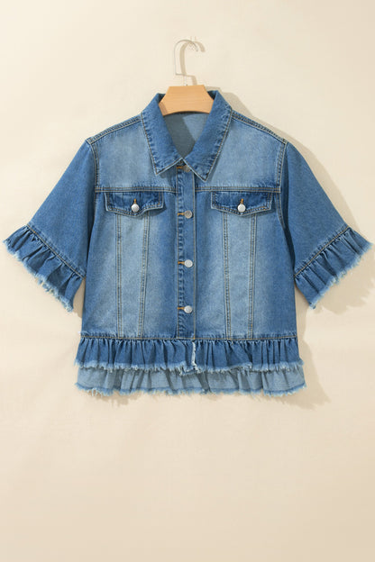 Denim Raw Edge Short Sleeve Ruffle Hem Jacket