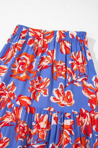 Boho Floral Side Slit Tiered Maxi Skirt