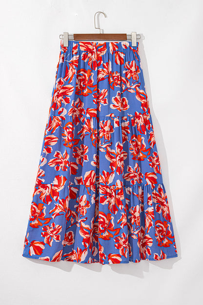 Boho Floral Side Slit Tiered Maxi Skirt