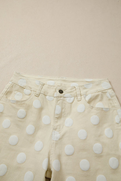 Polka Dot Denim Raw Hem High Waist Jeans
