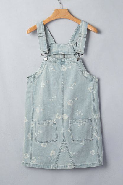 Floral Denim Patch Pocket Overall Mini Dress