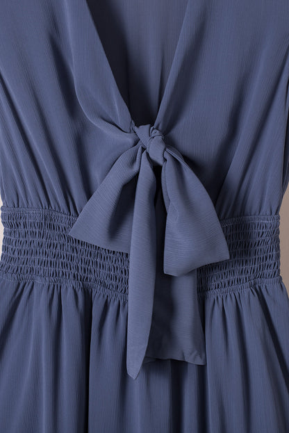 Deep V-Neck Knotted Front Layered Flare Mini Dress