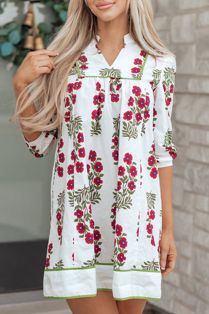 Floral Notched V-Neck 3/4 Sleeve Dress
