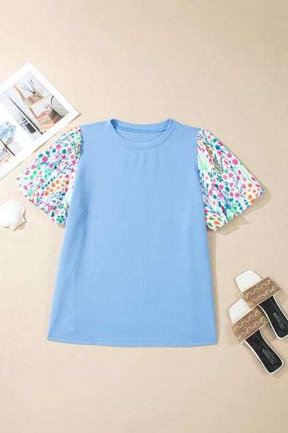 Plus Size Floral Patchwork Puff Sleeve Textured Top