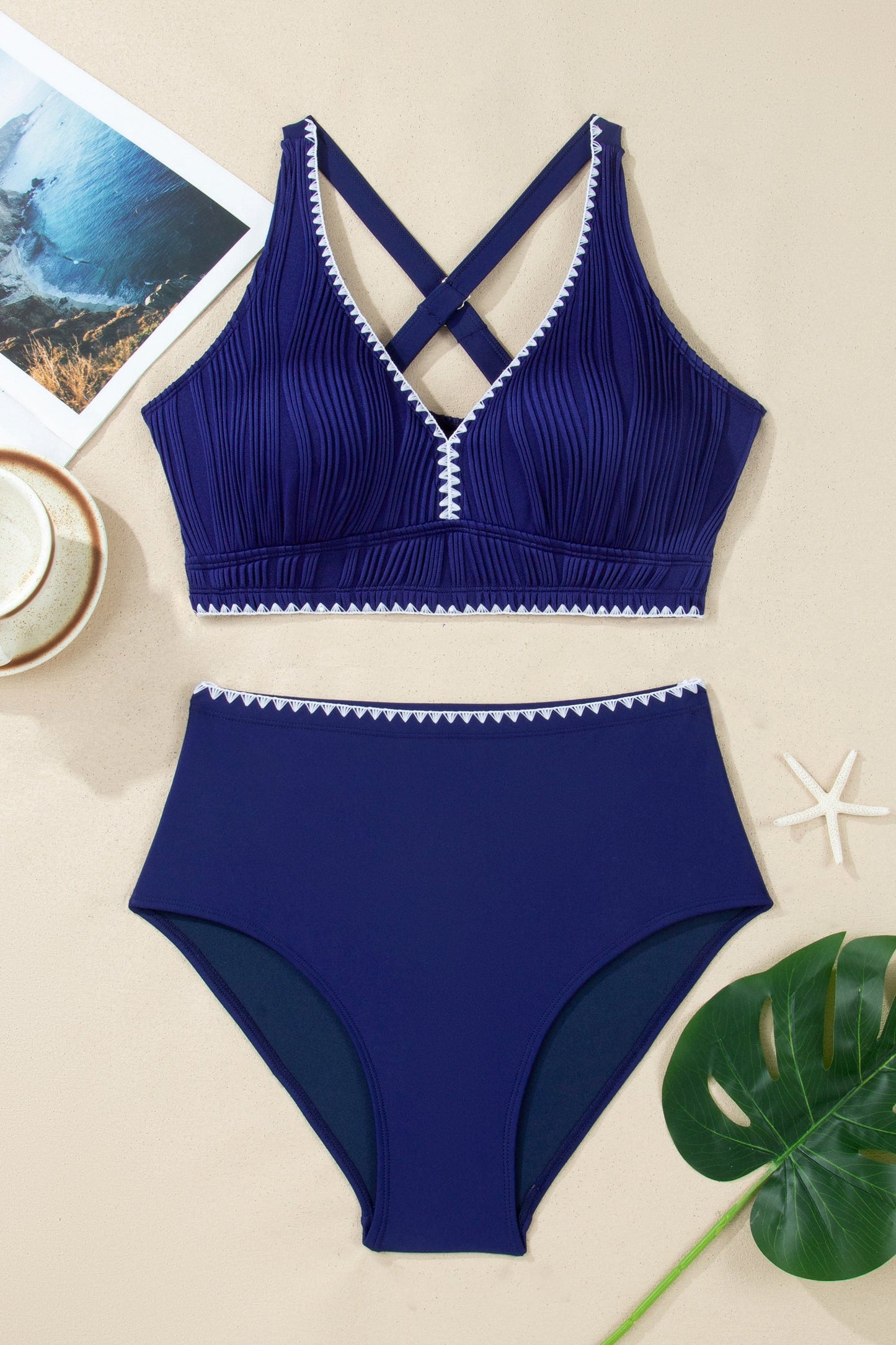 Shell Stitch Trim Textured High Waist Bikini Set