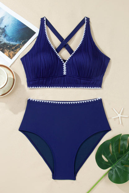 Shell Stitch Trim Textured High Waist Bikini Set