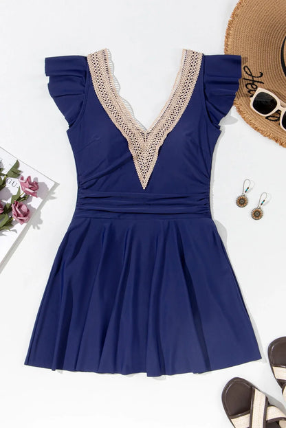 Ruffle Lace Trim V-Neck Short Sleeve Swim Dress