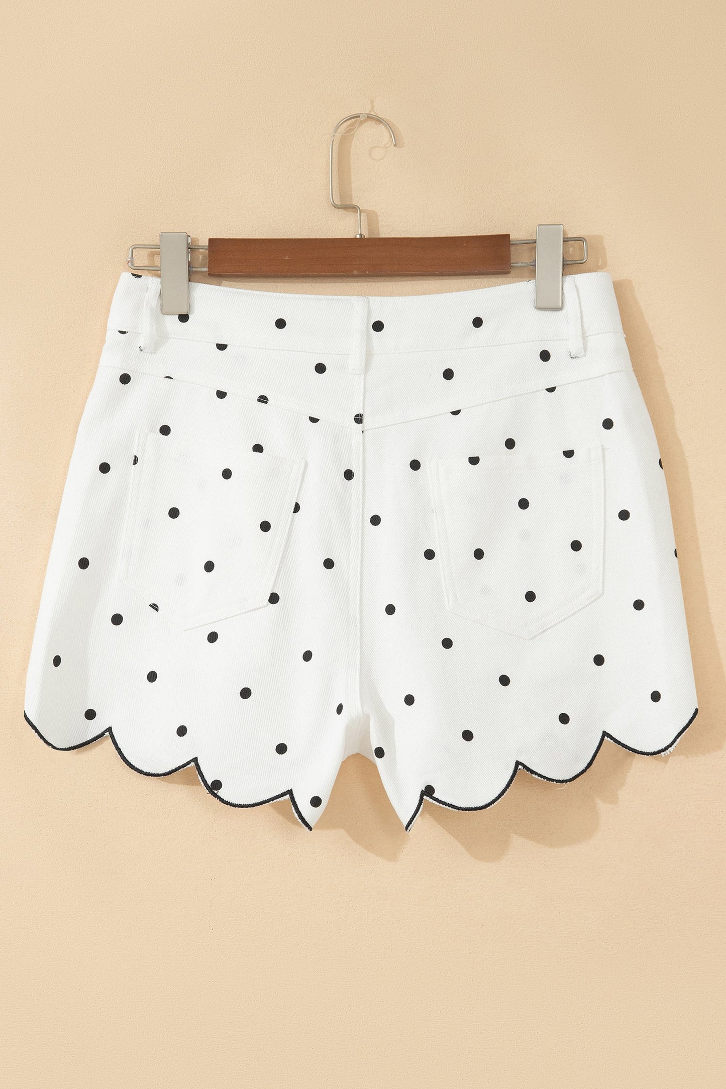 Polka Dot Denim Embroidered Scallop Hem Shorts