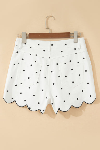 Polka Dot Denim Embroidered Scallop Hem Shorts