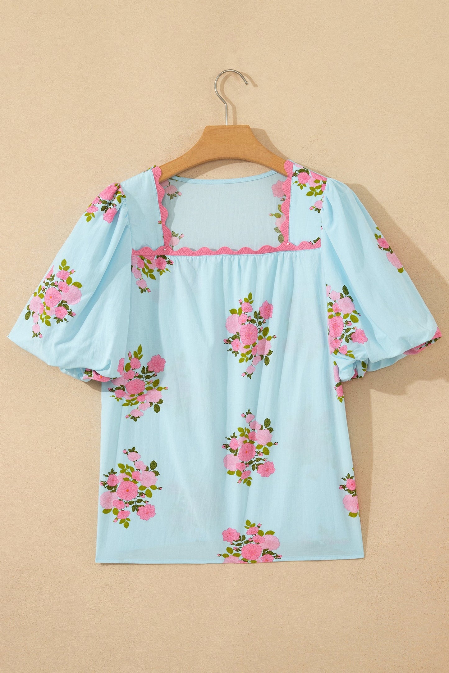 Floral Contrast Ricrac Trim Bubble Sleeve Blouse
