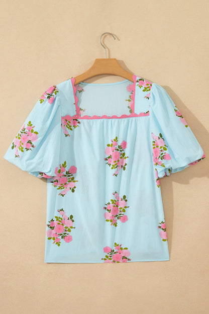 Floral Contrast Ricrac Trim Bubble Sleeve Blouse