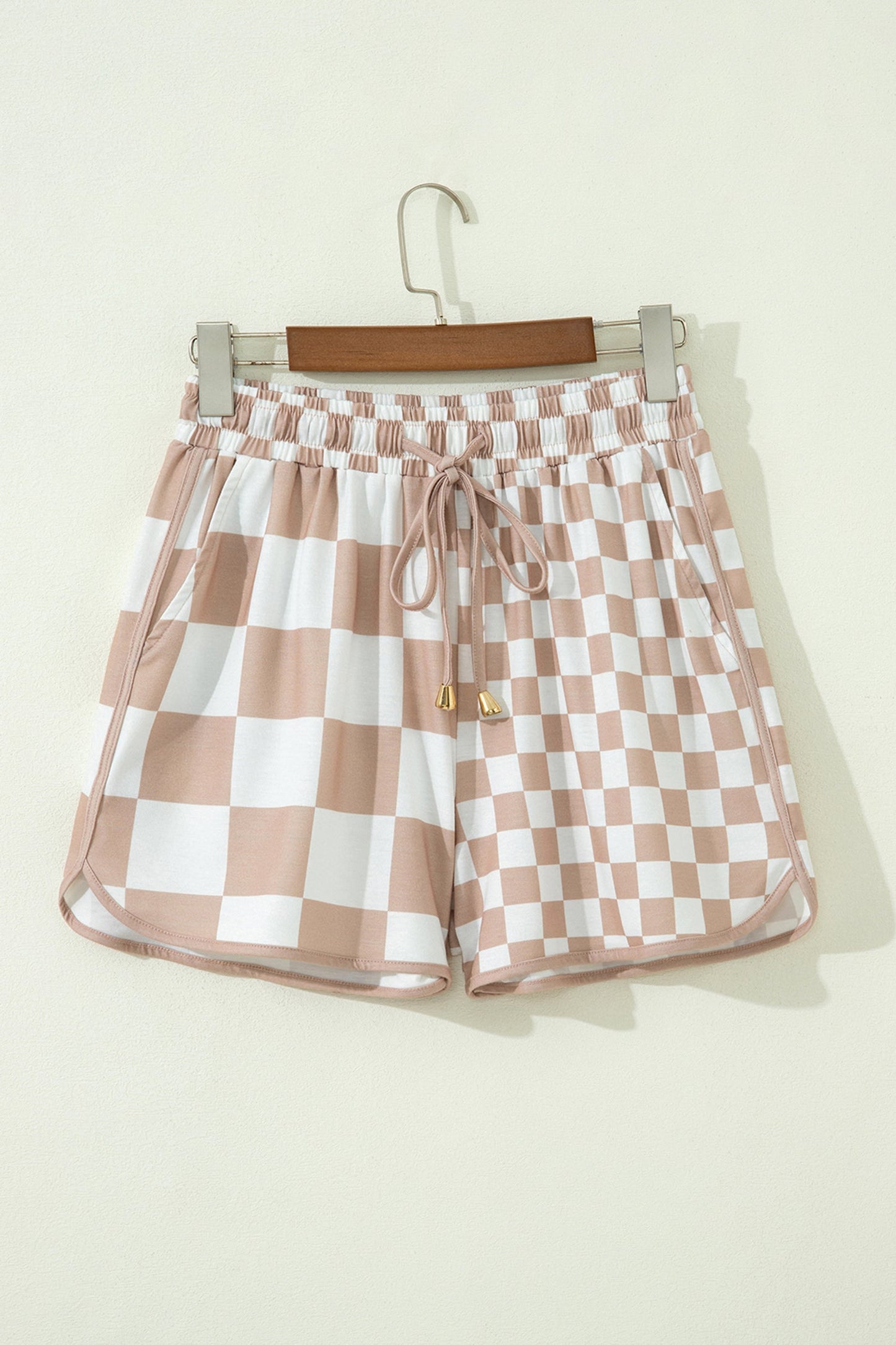 Checker Patchwork Beaded Drawstring Shorts