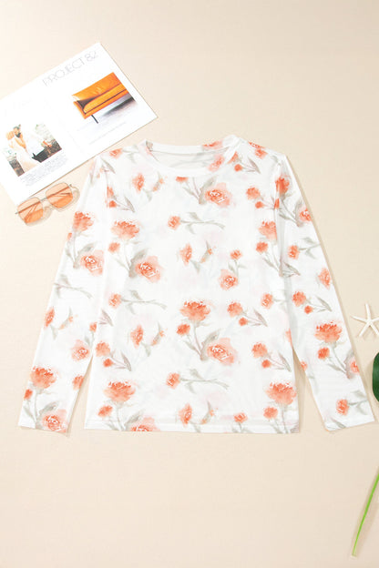 Plus Size Floral Sheer Mesh Long Sleeve Top