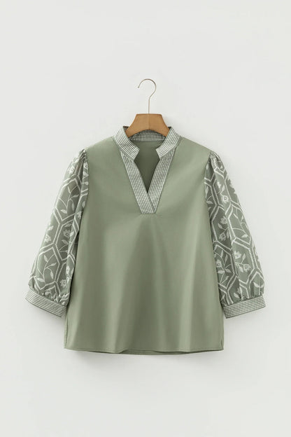 Floral Patchwork Contrast V-Neck Puff Sleeve Blouse