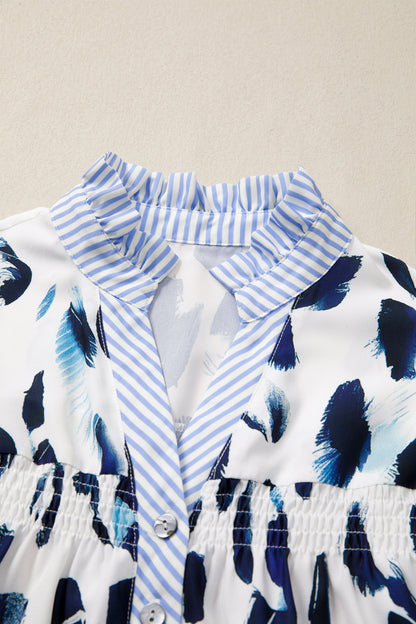 Abstract Leopard Stripe Ruffle Trim V-Neck Blouse