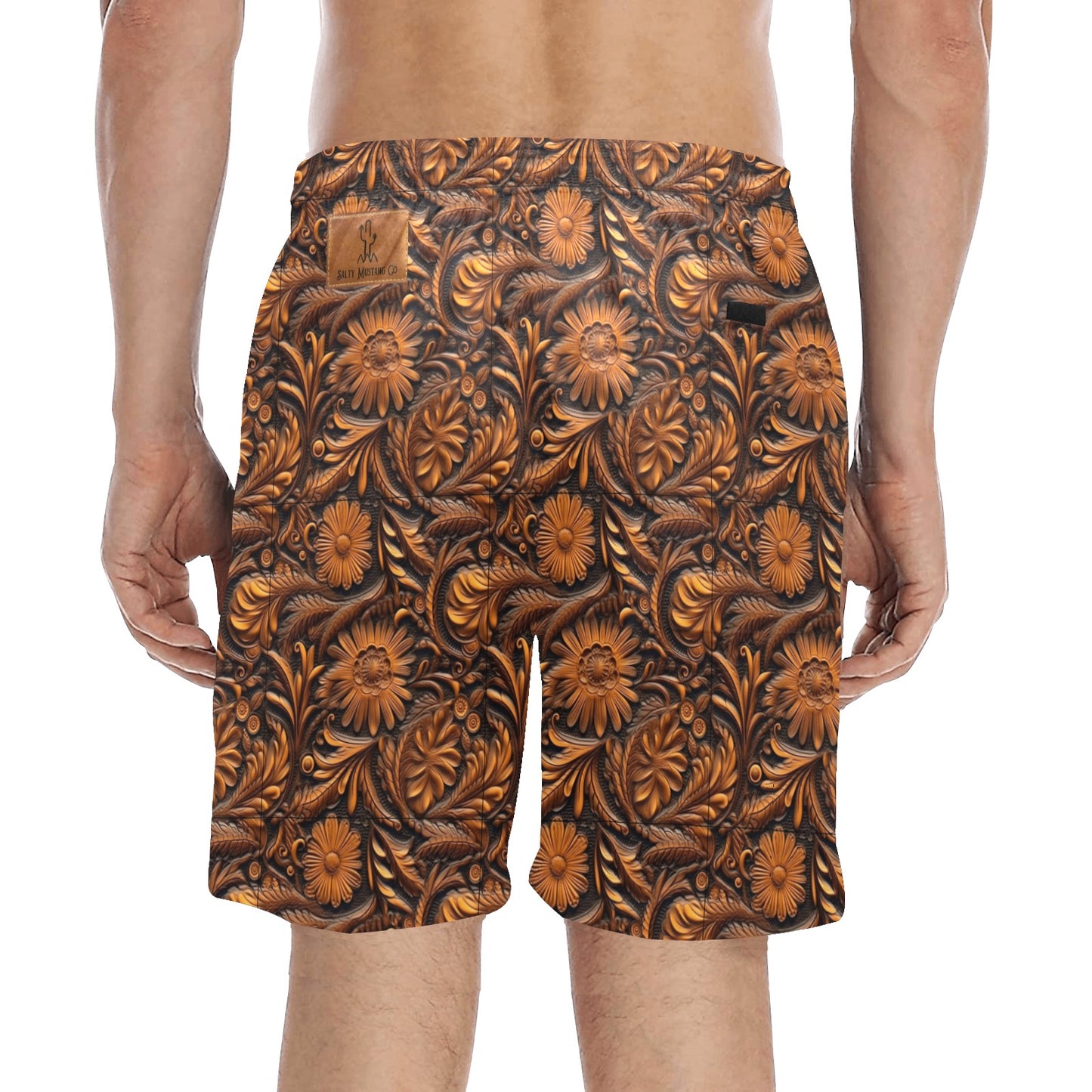 Leather Floral Mid-Length Beach Shorts