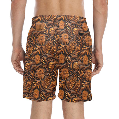 Leather Floral Mid-Length Beach Shorts