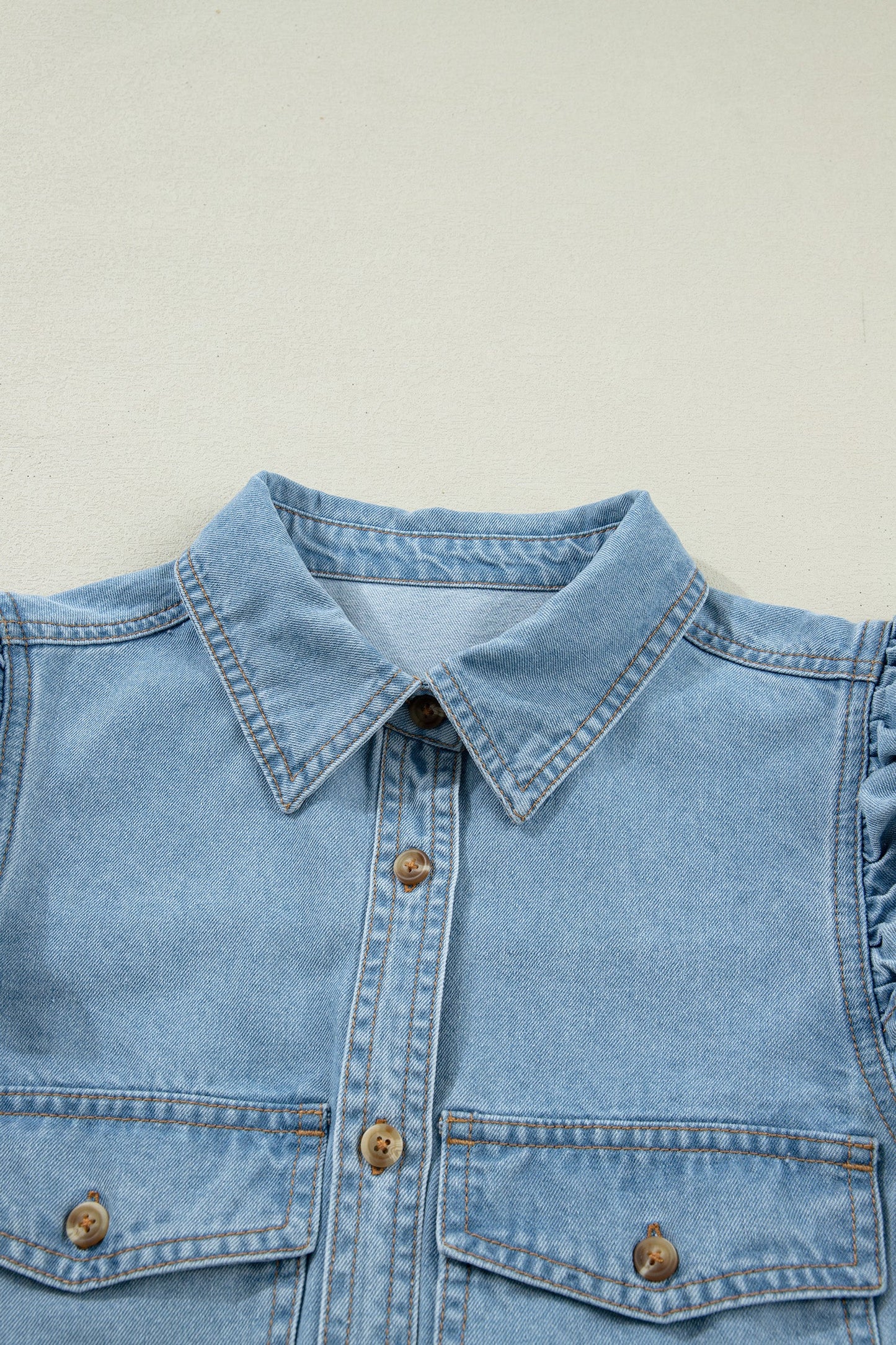 Solid Denim Ruffle Puff Sleeve Buttoned Shirt