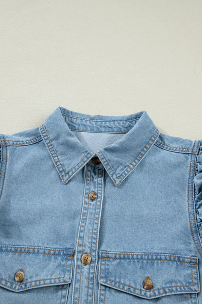 Solid Denim Ruffle Puff Sleeve Buttoned Shirt