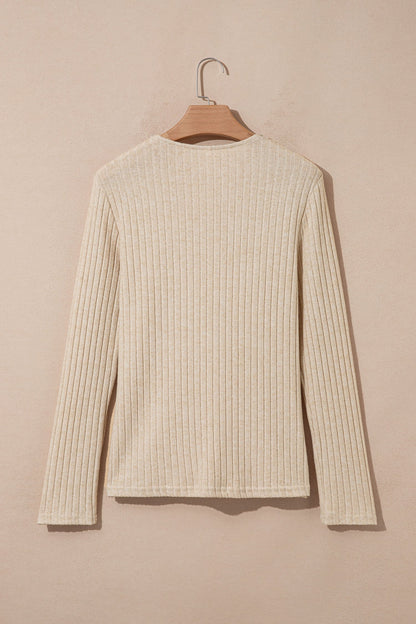Solid Ribbed Knit Cowl Neck Long Sleeve Top