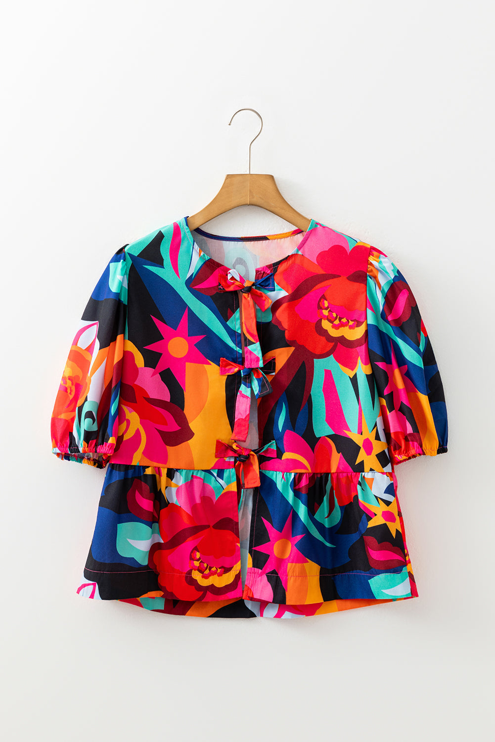 Floral Abstract Front Tie Puff Sleeve Blouse